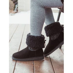 MUK LUKS Womens Black Cable Knit Fold Over Cuffed Faux Shearing Boots Comfy NEW